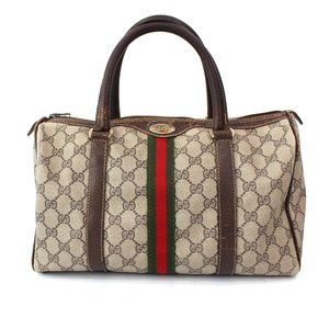 Gucci Vintage Beige Brown GG Supreme Coated Canvas Green Red Web Boston Bag Tote